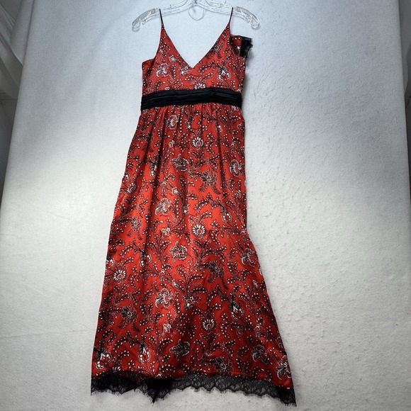 Cinq A Sept Womens Silk Floral Lace Trim Midi Dress Red Black Size XS 0 Elegant - Picture 10 of 14